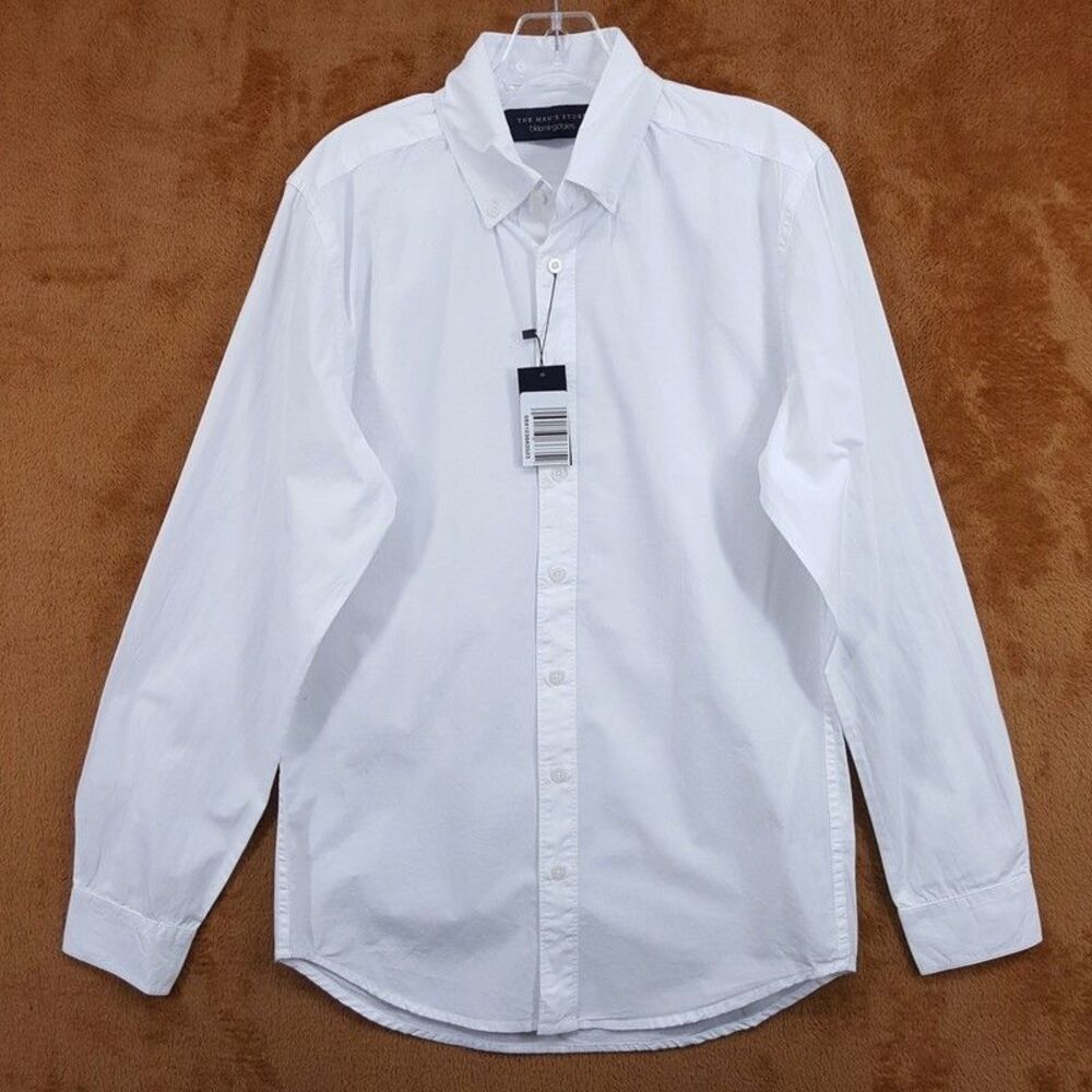 BLOOMINGDALES Button Down Sport Shirt Mens Medium Solid White 100% Cotton
